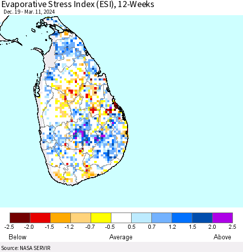 Sri Lanka Evaporative Stress Index (ESI), 12-Weeks Thematic Map For 3/11/2024 - 3/17/2024