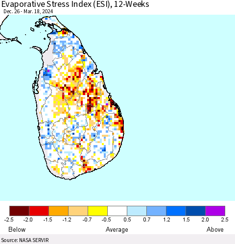 Sri Lanka Evaporative Stress Index (ESI), 12-Weeks Thematic Map For 3/18/2024 - 3/24/2024