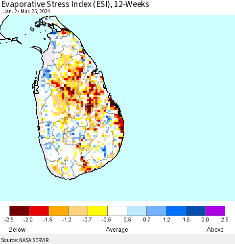 Sri Lanka Evaporative Stress Index (ESI), 12-Weeks Thematic Map For 3/25/2024 - 3/31/2024