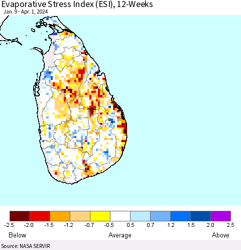 Sri Lanka Evaporative Stress Index (ESI), 12-Weeks Thematic Map For 4/1/2024 - 4/7/2024