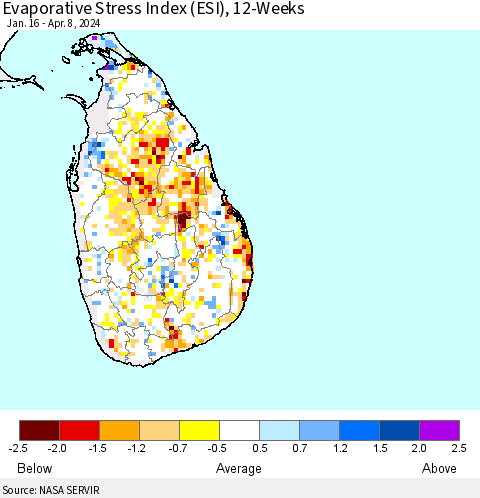 Sri Lanka Evaporative Stress Index (ESI), 12-Weeks Thematic Map For 4/8/2024 - 4/14/2024