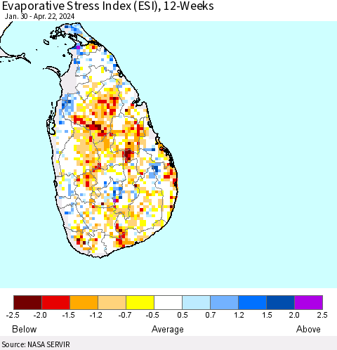 Sri Lanka Evaporative Stress Index (ESI), 12-Weeks Thematic Map For 4/22/2024 - 4/28/2024