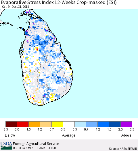 Sri Lanka Evaporative Stress Index (ESI), 12-Weeks over Croplands Thematic Map For 12/31/2018 - 1/6/2019