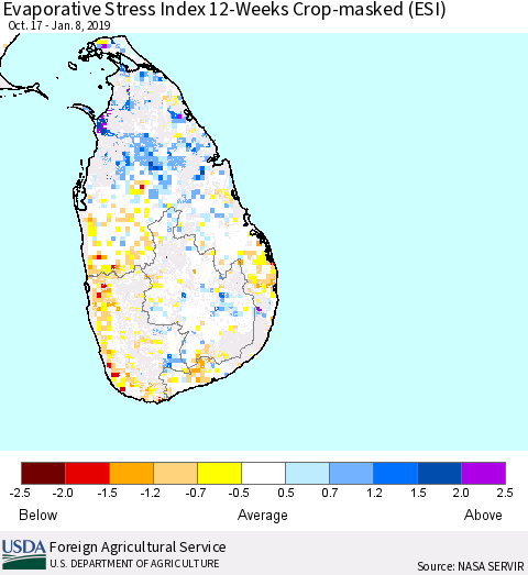 Sri Lanka Evaporative Stress Index (ESI), 12-Weeks over Croplands Thematic Map For 1/7/2019 - 1/13/2019
