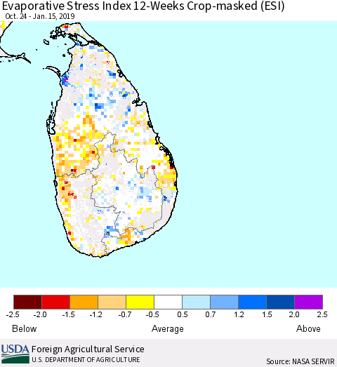 Sri Lanka Evaporative Stress Index (ESI), 12-Weeks over Croplands Thematic Map For 1/14/2019 - 1/20/2019