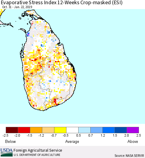 Sri Lanka Evaporative Stress Index (ESI), 12-Weeks over Croplands Thematic Map For 1/21/2019 - 1/27/2019