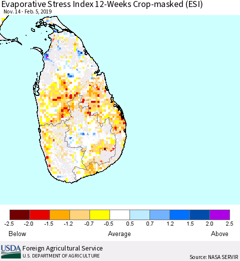 Sri Lanka Evaporative Stress Index (ESI), 12-Weeks over Croplands Thematic Map For 2/4/2019 - 2/10/2019
