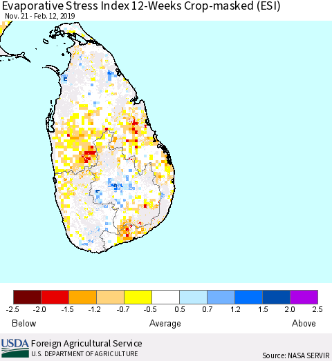 Sri Lanka Evaporative Stress Index (ESI), 12-Weeks over Croplands Thematic Map For 2/11/2019 - 2/17/2019