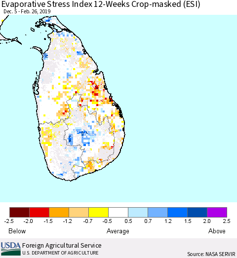 Sri Lanka Evaporative Stress Index (ESI), 12-Weeks over Croplands Thematic Map For 2/25/2019 - 3/3/2019