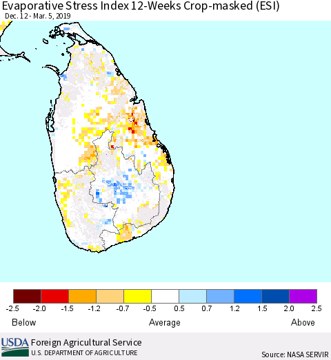 Sri Lanka Evaporative Stress Index (ESI), 12-Weeks over Croplands Thematic Map For 3/4/2019 - 3/10/2019