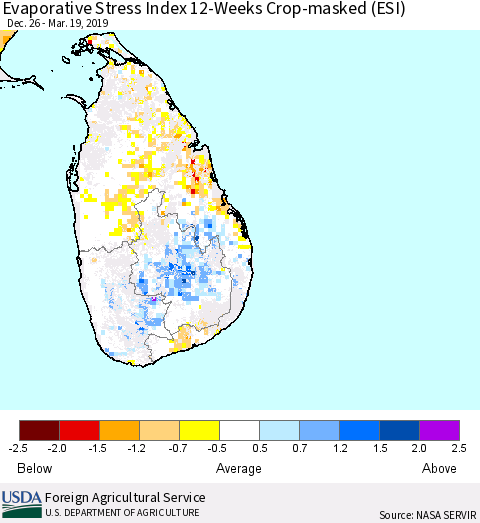 Sri Lanka Evaporative Stress Index (ESI), 12-Weeks over Croplands Thematic Map For 3/18/2019 - 3/24/2019