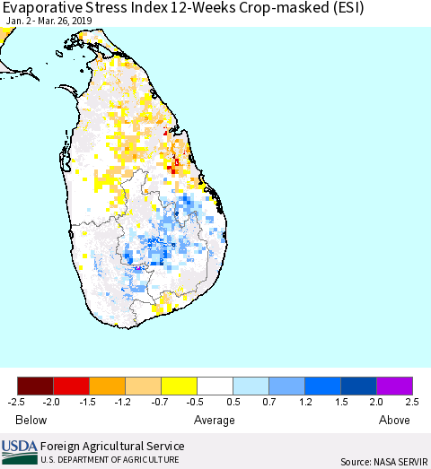 Sri Lanka Evaporative Stress Index (ESI), 12-Weeks over Croplands Thematic Map For 3/25/2019 - 3/31/2019
