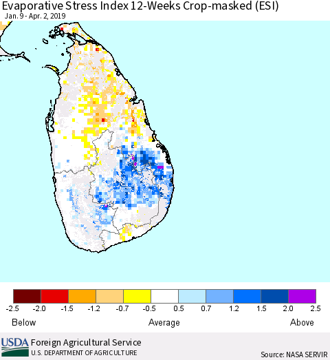 Sri Lanka Evaporative Stress Index (ESI), 12-Weeks over Croplands Thematic Map For 4/1/2019 - 4/7/2019