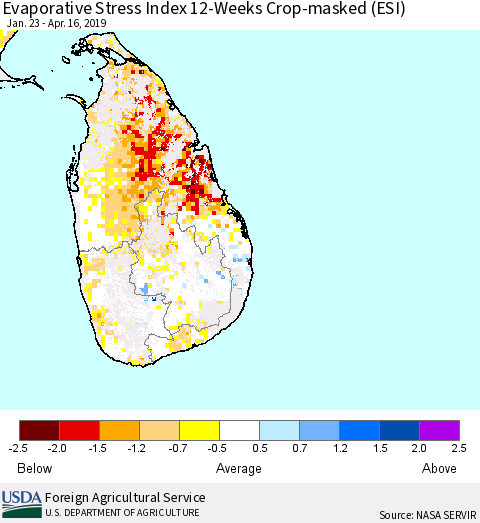 Sri Lanka Evaporative Stress Index (ESI), 12-Weeks over Croplands Thematic Map For 4/15/2019 - 4/21/2019
