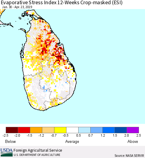 Sri Lanka Evaporative Stress Index (ESI), 12-Weeks over Croplands Thematic Map For 4/22/2019 - 4/28/2019