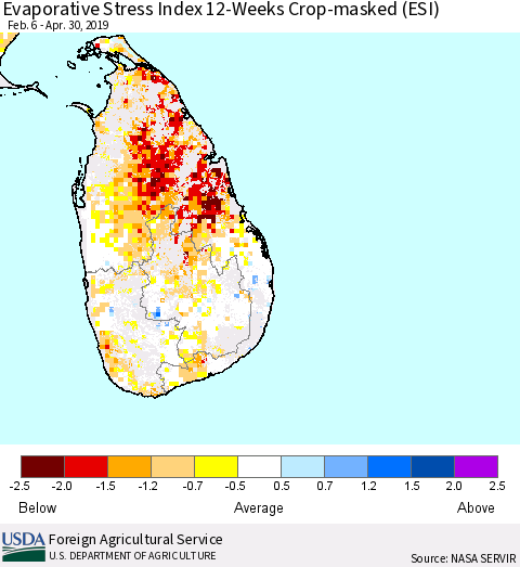 Sri Lanka Evaporative Stress Index (ESI), 12-Weeks over Croplands Thematic Map For 4/29/2019 - 5/5/2019