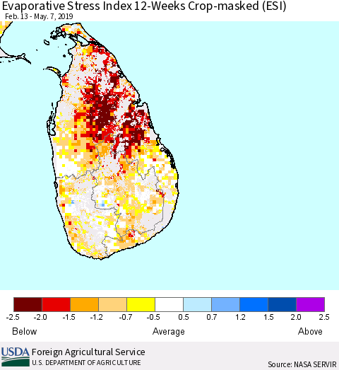 Sri Lanka Evaporative Stress Index (ESI), 12-Weeks over Croplands Thematic Map For 5/6/2019 - 5/12/2019
