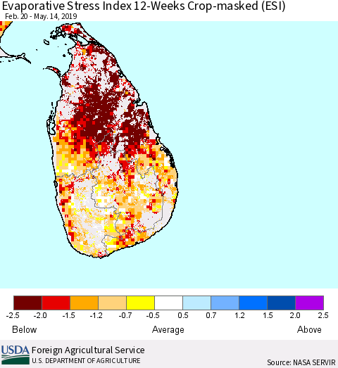 Sri Lanka Evaporative Stress Index (ESI), 12-Weeks over Croplands Thematic Map For 5/13/2019 - 5/19/2019