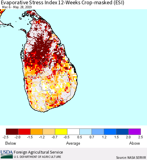 Sri Lanka Evaporative Stress Index (ESI), 12-Weeks over Croplands Thematic Map For 5/27/2019 - 6/2/2019