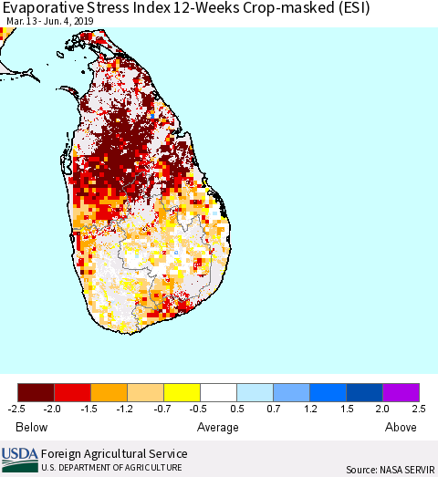 Sri Lanka Evaporative Stress Index (ESI), 12-Weeks over Croplands Thematic Map For 6/3/2019 - 6/9/2019