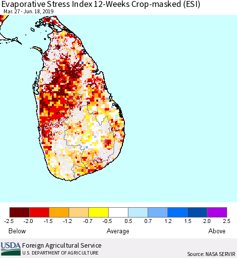 Sri Lanka Evaporative Stress Index (ESI), 12-Weeks over Croplands Thematic Map For 6/17/2019 - 6/23/2019