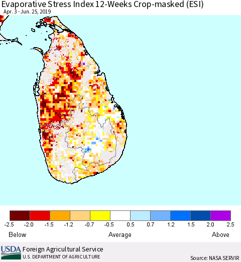 Sri Lanka Evaporative Stress Index (ESI), 12-Weeks over Croplands Thematic Map For 6/24/2019 - 6/30/2019