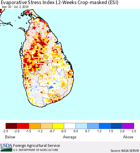 Sri Lanka Evaporative Stress Index (ESI), 12-Weeks over Croplands Thematic Map For 7/1/2019 - 7/7/2019