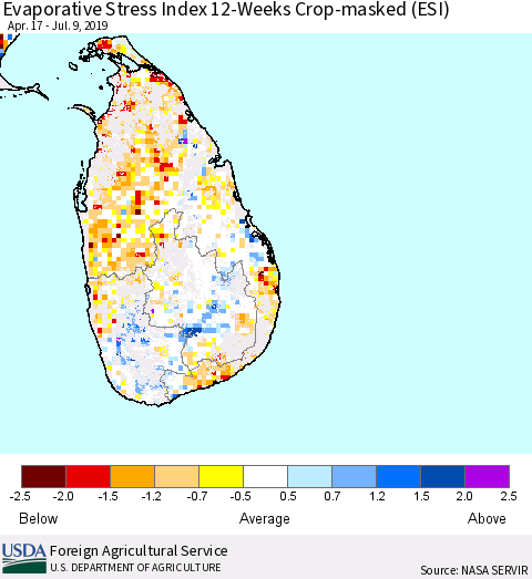 Sri Lanka Evaporative Stress Index (ESI), 12-Weeks over Croplands Thematic Map For 7/8/2019 - 7/14/2019