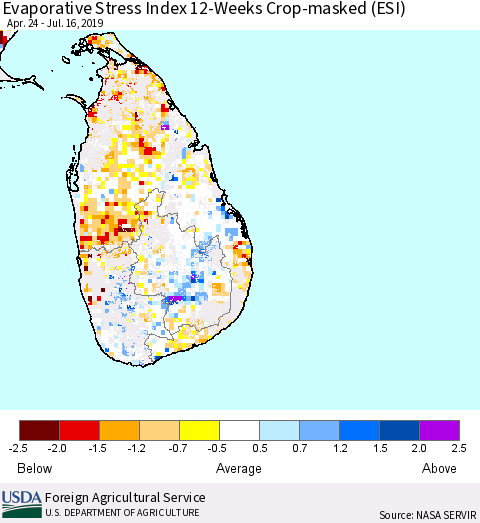 Sri Lanka Evaporative Stress Index (ESI), 12-Weeks over Croplands Thematic Map For 7/15/2019 - 7/21/2019