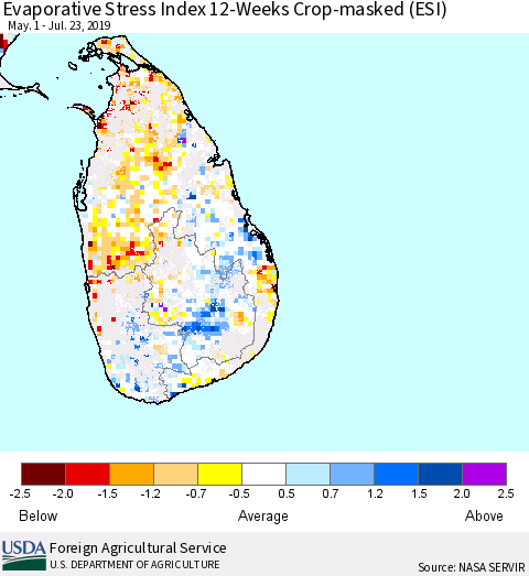 Sri Lanka Evaporative Stress Index (ESI), 12-Weeks over Croplands Thematic Map For 7/22/2019 - 7/28/2019