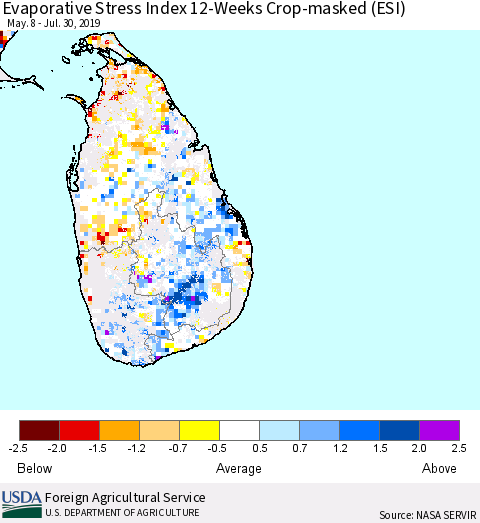 Sri Lanka Evaporative Stress Index (ESI), 12-Weeks over Croplands Thematic Map For 7/29/2019 - 8/4/2019