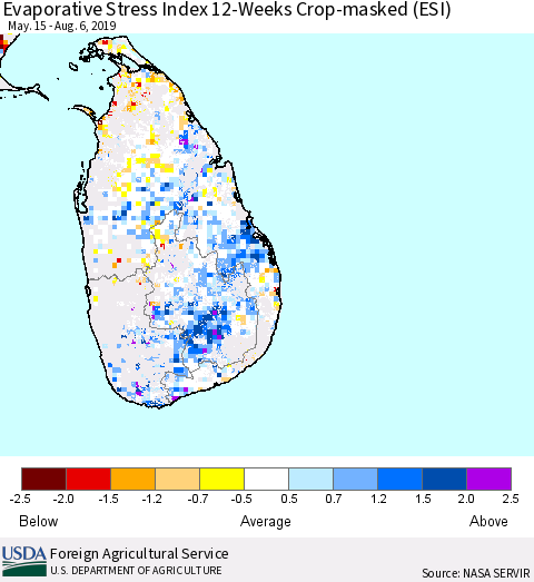 Sri Lanka Evaporative Stress Index (ESI), 12-Weeks over Croplands Thematic Map For 8/5/2019 - 8/11/2019
