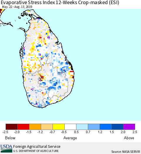 Sri Lanka Evaporative Stress Index (ESI), 12-Weeks over Croplands Thematic Map For 8/12/2019 - 8/18/2019