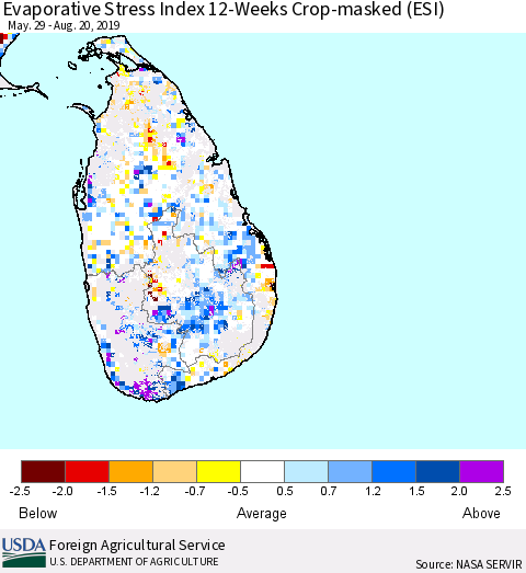Sri Lanka Evaporative Stress Index (ESI), 12-Weeks over Croplands Thematic Map For 8/19/2019 - 8/25/2019
