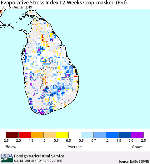 Sri Lanka Evaporative Stress Index (ESI), 12-Weeks over Croplands Thematic Map For 8/26/2019 - 9/1/2019