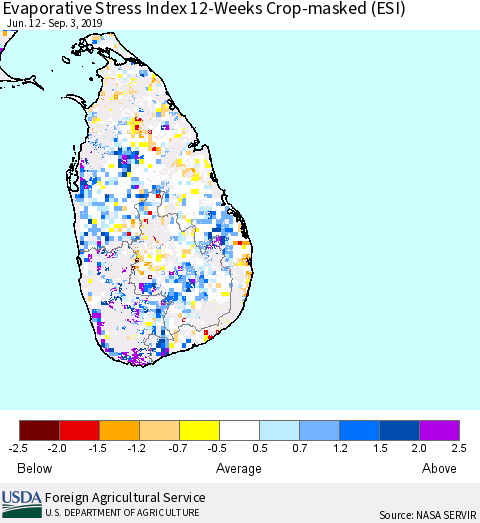 Sri Lanka Evaporative Stress Index (ESI), 12-Weeks over Croplands Thematic Map For 9/2/2019 - 9/8/2019