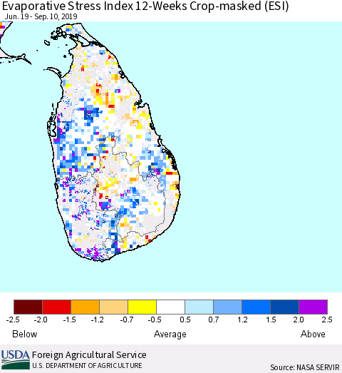 Sri Lanka Evaporative Stress Index (ESI), 12-Weeks over Croplands Thematic Map For 9/9/2019 - 9/15/2019