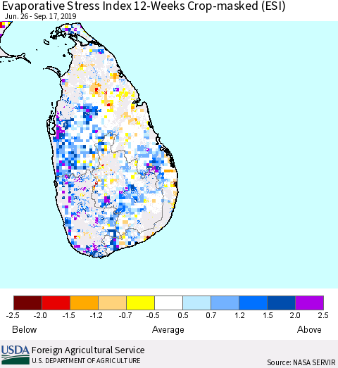 Sri Lanka Evaporative Stress Index (ESI), 12-Weeks over Croplands Thematic Map For 9/16/2019 - 9/22/2019