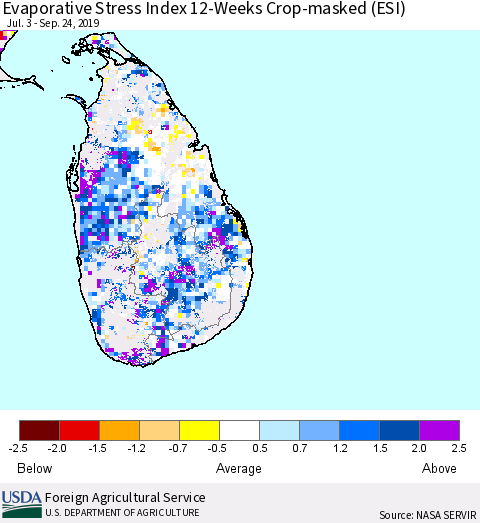 Sri Lanka Evaporative Stress Index (ESI), 12-Weeks over Croplands Thematic Map For 9/23/2019 - 9/29/2019