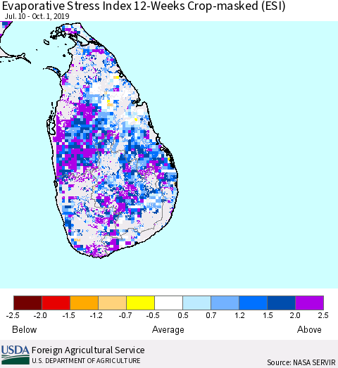 Sri Lanka Evaporative Stress Index (ESI), 12-Weeks over Croplands Thematic Map For 9/30/2019 - 10/6/2019