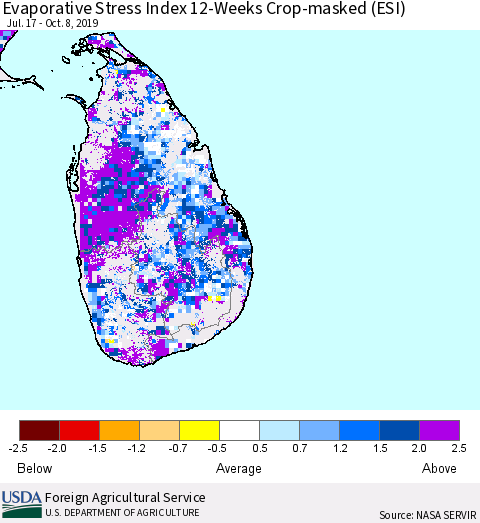 Sri Lanka Evaporative Stress Index (ESI), 12-Weeks over Croplands Thematic Map For 10/7/2019 - 10/13/2019