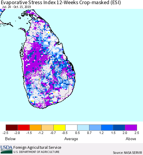 Sri Lanka Evaporative Stress Index (ESI), 12-Weeks over Croplands Thematic Map For 10/14/2019 - 10/20/2019