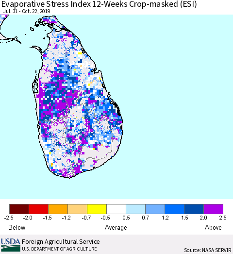 Sri Lanka Evaporative Stress Index (ESI), 12-Weeks over Croplands Thematic Map For 10/21/2019 - 10/27/2019