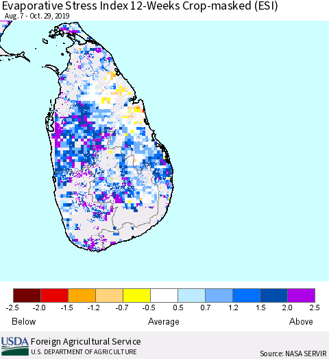 Sri Lanka Evaporative Stress Index (ESI), 12-Weeks over Croplands Thematic Map For 10/28/2019 - 11/3/2019