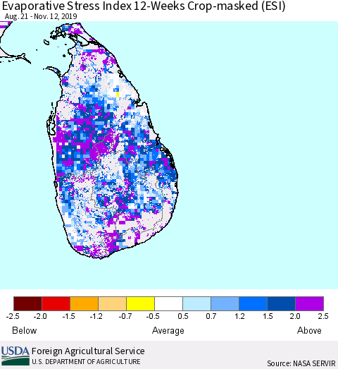 Sri Lanka Evaporative Stress Index (ESI), 12-Weeks over Croplands Thematic Map For 11/11/2019 - 11/17/2019