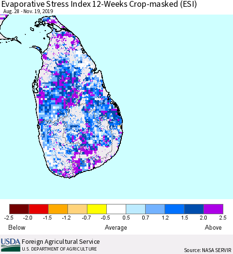 Sri Lanka Evaporative Stress Index (ESI), 12-Weeks over Croplands Thematic Map For 11/18/2019 - 11/24/2019