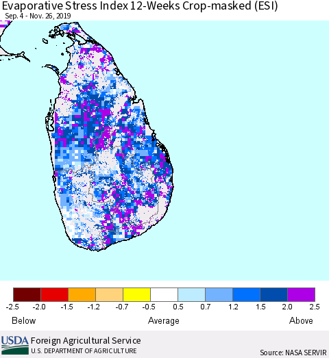 Sri Lanka Evaporative Stress Index (ESI), 12-Weeks over Croplands Thematic Map For 11/25/2019 - 12/1/2019