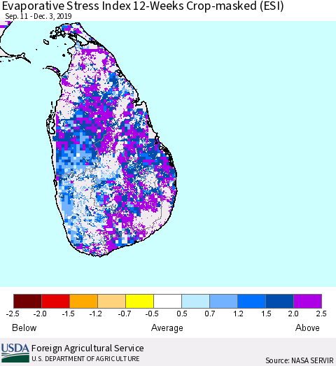 Sri Lanka Evaporative Stress Index (ESI), 12-Weeks over Croplands Thematic Map For 12/2/2019 - 12/8/2019