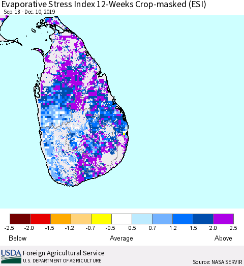 Sri Lanka Evaporative Stress Index (ESI), 12-Weeks over Croplands Thematic Map For 12/9/2019 - 12/15/2019