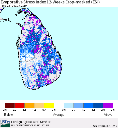 Sri Lanka Evaporative Stress Index (ESI), 12-Weeks over Croplands Thematic Map For 12/16/2019 - 12/22/2019